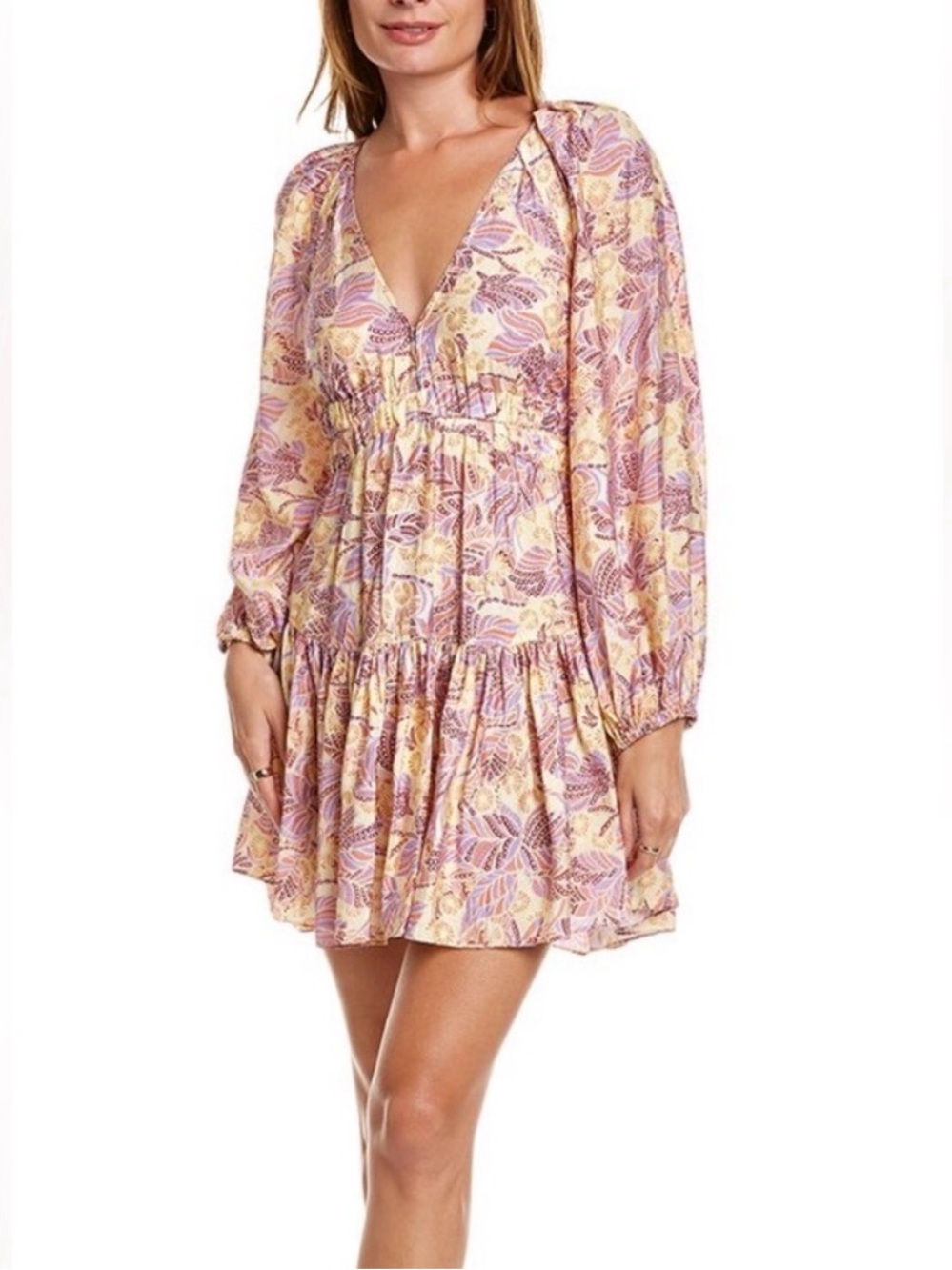 A.L.C Isla Tiered Mini Dress Purple Yellow Floral Long Sleeves Womens 4
